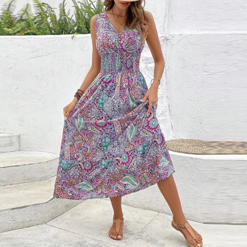 Women Flower Print Dress Boho A-Line Long Dress Women Summer Vintage Maxi Dresses Casual Loose Holiday Party Dress 2023