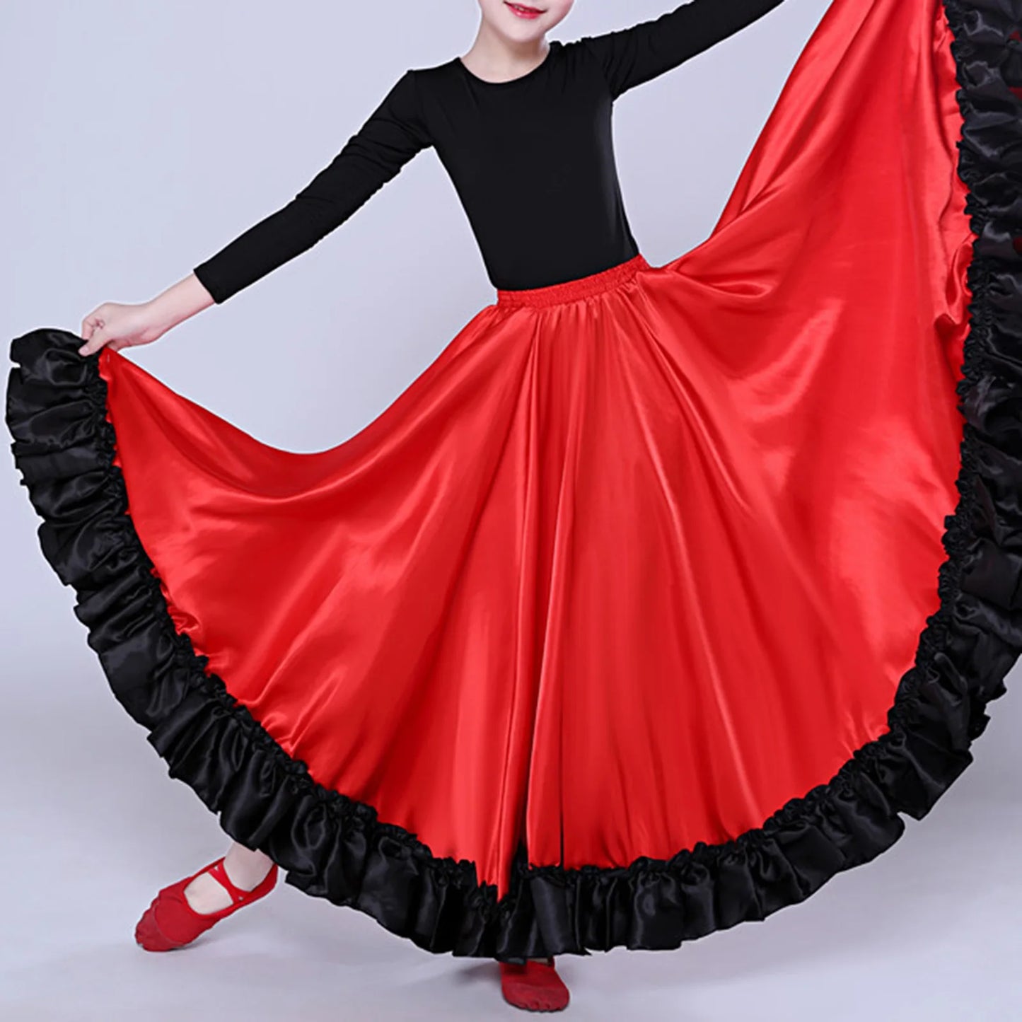 Kids Girls Spanish Paso Doble Performance Costume Flamenco Latin Dance Skirt Big Swing Ruffled Hem Dancewear for Carnival Party