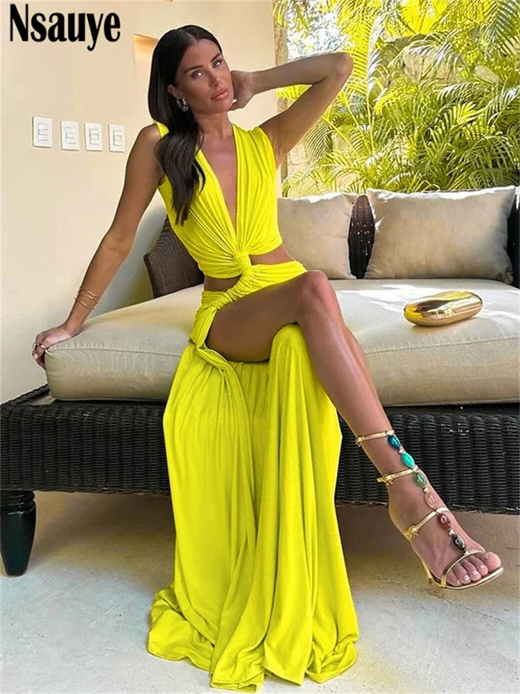 Nsauye Summer Holiday Beach Maxi Sexy Low Cut Out Women Club Dress Evening Party Off Shoulder High Split Elegant Wrap Dress 2024