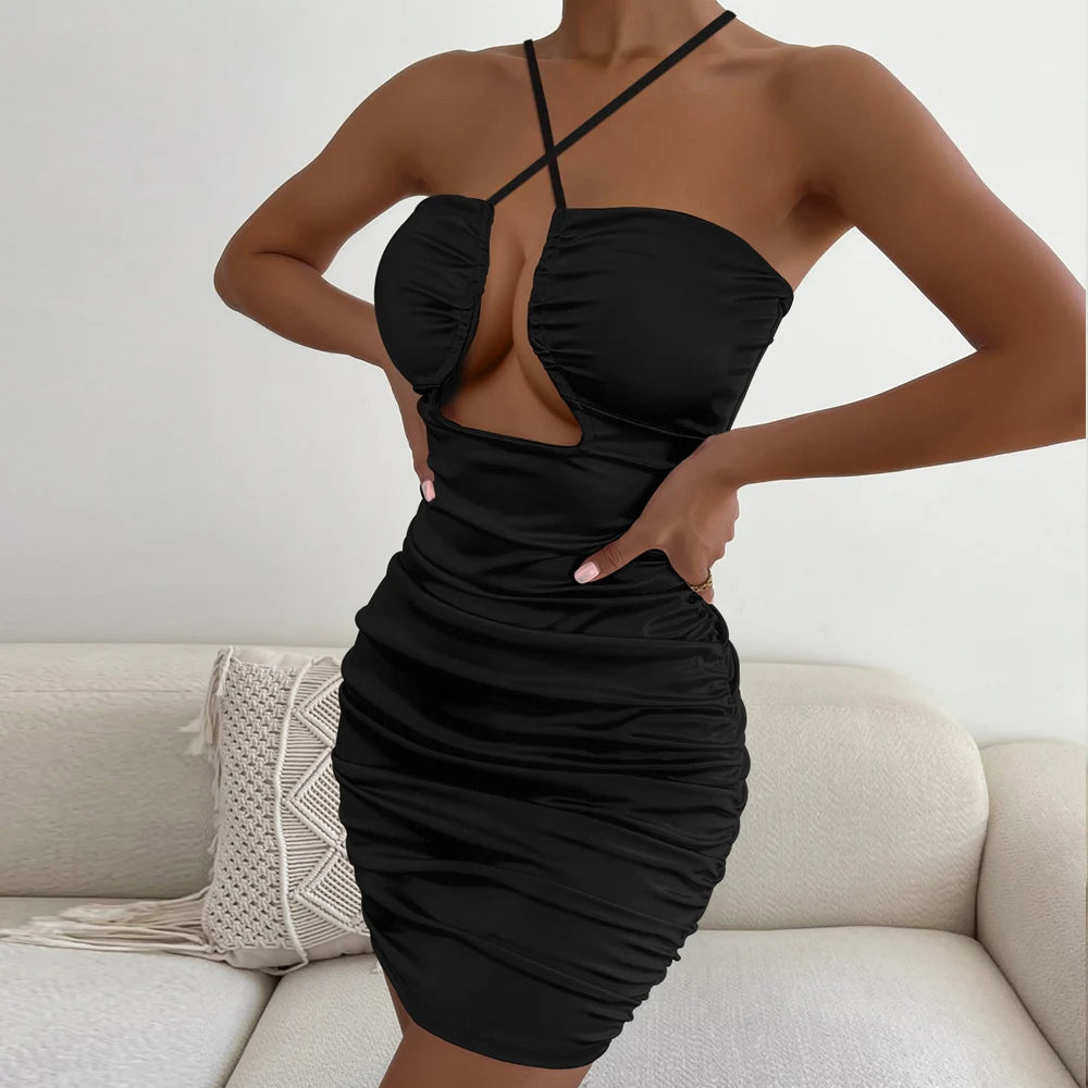 Fairyshely Sexy Ruffle Short Club Dress Lady 2024 Summer Black Halter Bodycon Dresses For Women Tight Evening Party Mini Dress