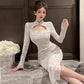 Elegant Long Sleeves Party Dress for Women Sexy Chinese Style Lace Cheongsam Autumn One Piece Slim Party Prom Vestido Mujers New