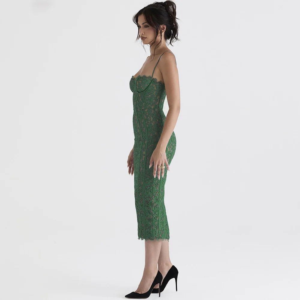 Elegant Green Spaghetti Strap Dress