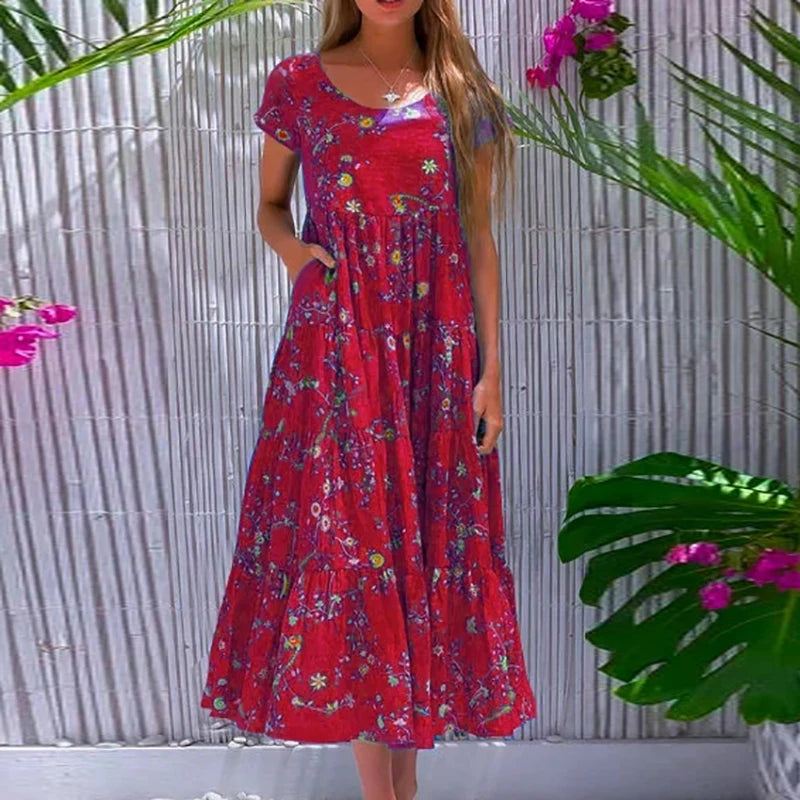 Women Flower Print Dress Boho A-Line Long Dress Women Summer Vintage Maxi Dresses Casual Loose Holiday Party Dress 2023