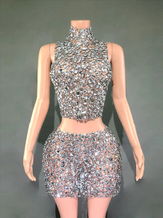 Sparkly Crystals Backless Mesh Dress