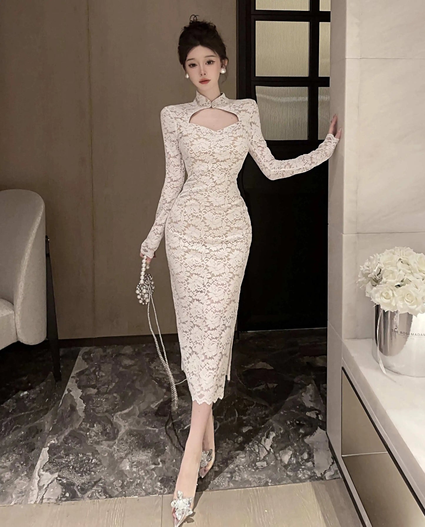 Elegant Long Sleeves Party Dress for Women Sexy Chinese Style Lace Cheongsam Autumn One Piece Slim Party Prom Vestido Mujers New