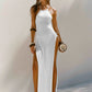 QWEEK 2024 Beach Sexy Knitted Backless See-through Slit Halter Slip Long Dress Holiday Vacation Off Shouder Summer Maxi Dresses