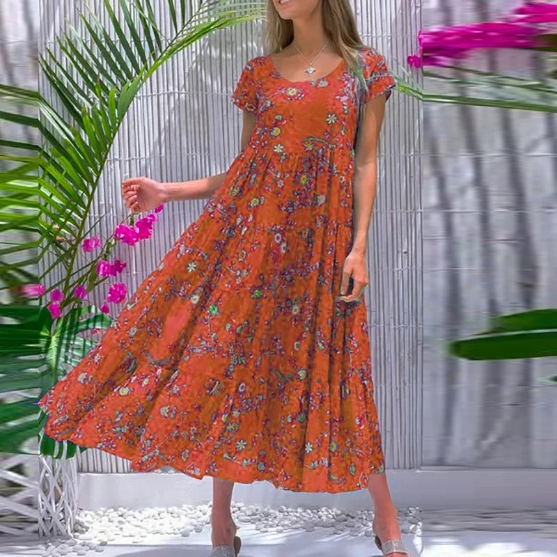 Women Flower Print Dress Boho A-Line Long Dress Women Summer Vintage Maxi Dresses Casual Loose Holiday Party Dress 2023