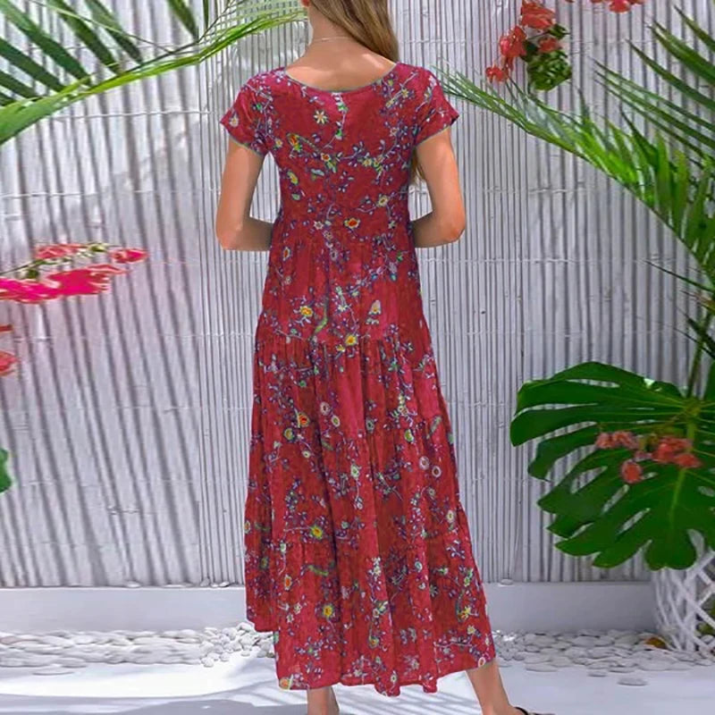 Women Flower Print Dress Boho A-Line Long Dress Women Summer Vintage Maxi Dresses Casual Loose Holiday Party Dress 2023