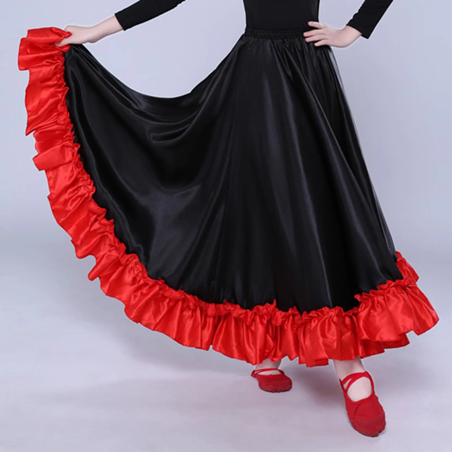 Kids Girls Spanish Paso Doble Performance Costume Flamenco Latin Dance Skirt Big Swing Ruffled Hem Dancewear for Carnival Party