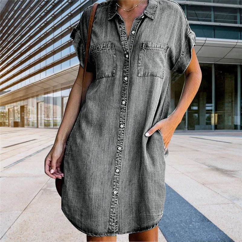 Casual Short Sleeve Distressed Denim Shirt Dress