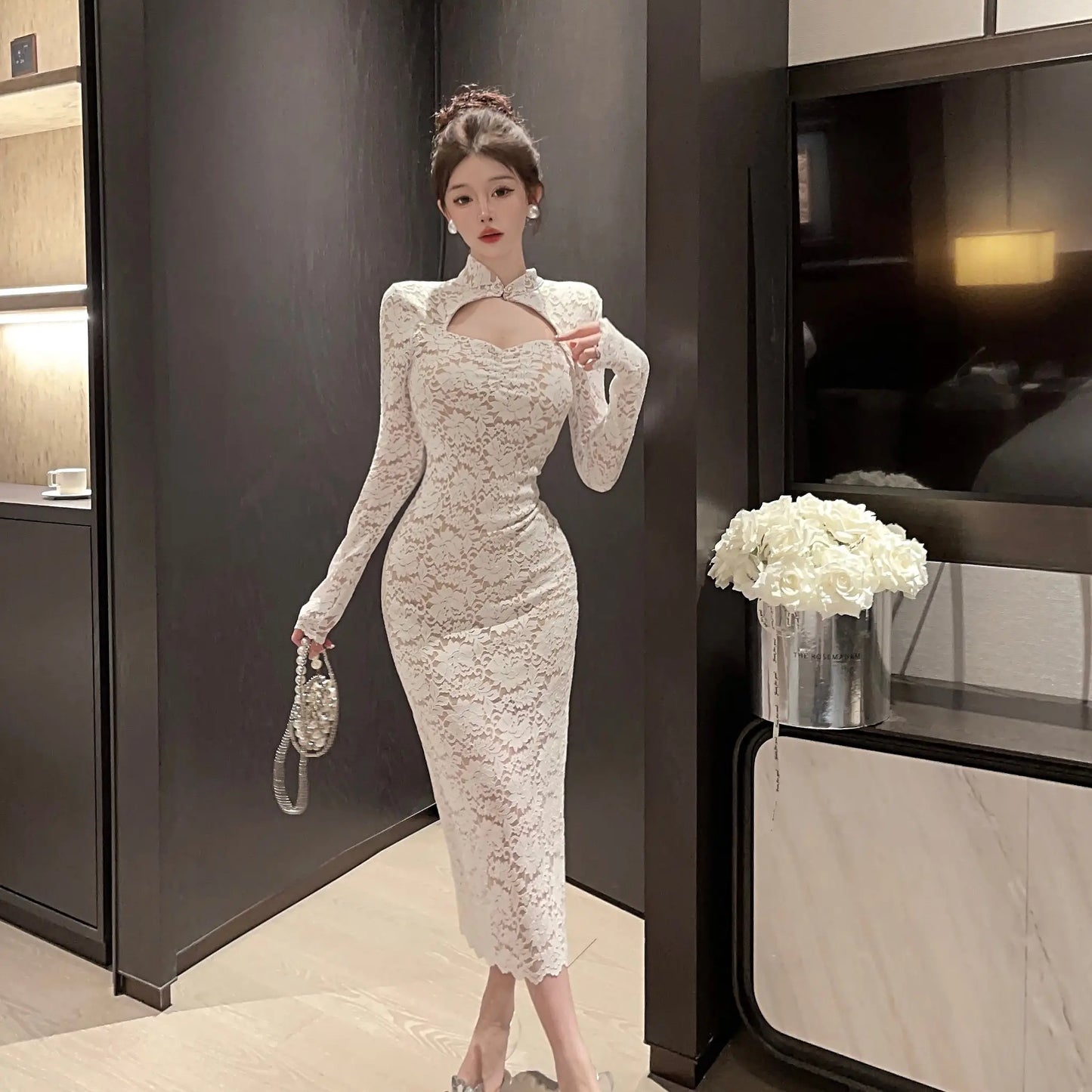 Elegant Long Sleeves Party Dress for Women Sexy Chinese Style Lace Cheongsam Autumn One Piece Slim Party Prom Vestido Mujers New