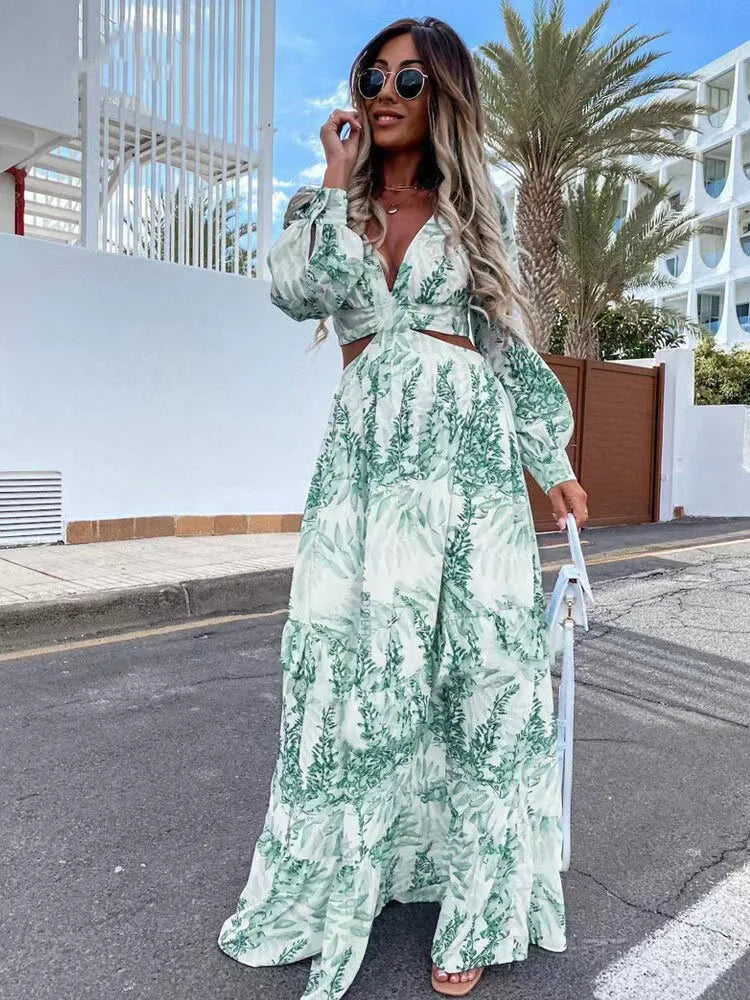 Elegant Women's Dresses Summer Hollow Sexy Print V-Neck Long Sleeve Dress Holiday Beach Lady Vesido Mujer Robe S-XXXL