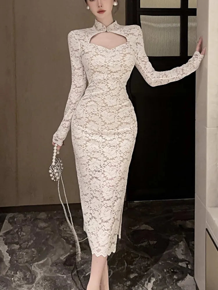 Elegant Long Sleeves Party Dress for Women Sexy Chinese Style Lace Cheongsam Autumn One Piece Slim Party Prom Vestido Mujers New