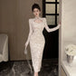 Elegant Long Sleeves Party Dress for Women Sexy Chinese Style Lace Cheongsam Autumn One Piece Slim Party Prom Vestido Mujers New