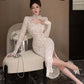 Elegant Long Sleeves Party Dress for Women Sexy Chinese Style Lace Cheongsam Autumn One Piece Slim Party Prom Vestido Mujers New