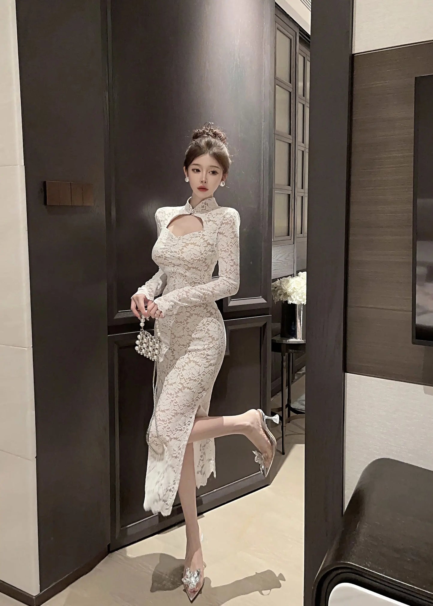 Elegant Long Sleeves Party Dress for Women Sexy Chinese Style Lace Cheongsam Autumn One Piece Slim Party Prom Vestido Mujers New