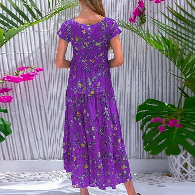 Women Flower Print Dress Boho A-Line Long Dress Women Summer Vintage Maxi Dresses Casual Loose Holiday Party Dress 2023