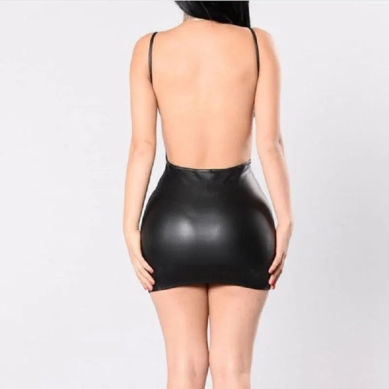 Sexy Faux Leather Backless Mini Dress