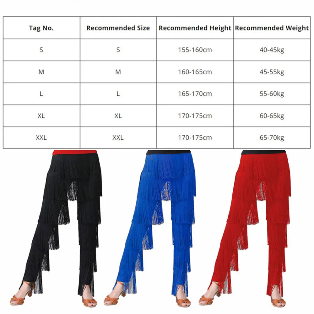 Womens Dancewear Elastic Waistband Tassel Latin Dance Pants Tango Cha-Cha Performance Costume Tiered Fringed Trousers