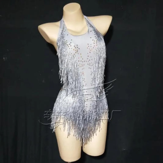 New Sparkly Rhinestones Fringes Bodysuit Women Nightclub Outfit Glisten Dance Costume One-piece Dance Wear Singer Stage Leotard