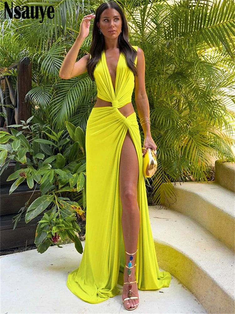 Nsauye Summer Holiday Beach Maxi Sexy Low Cut Out Women Club Dress Evening Party Off Shoulder High Split Elegant Wrap Dress 2024