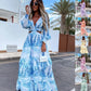 Elegant Women's Dresses Summer Hollow Sexy Print V-Neck Long Sleeve Dress Holiday Beach Lady Vesido Mujer Robe S-XXXL