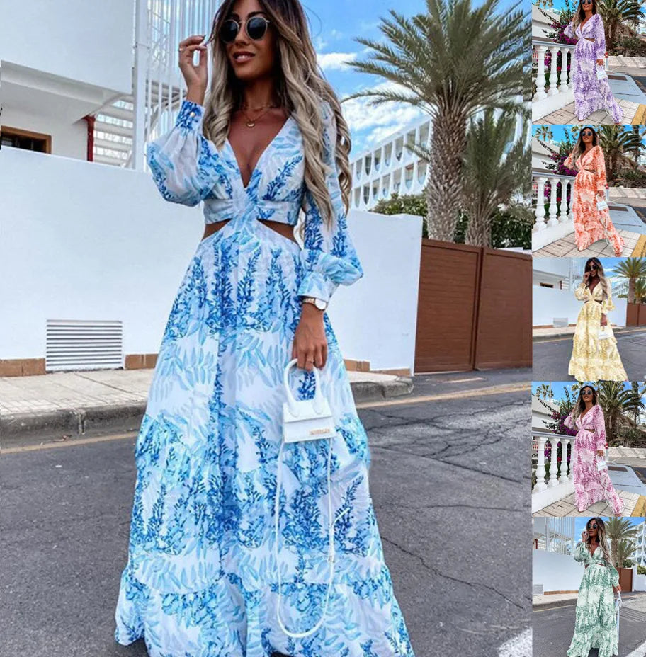 Elegant Women's Dresses Summer Hollow Sexy Print V-Neck Long Sleeve Dress Holiday Beach Lady Vesido Mujer Robe S-XXXL