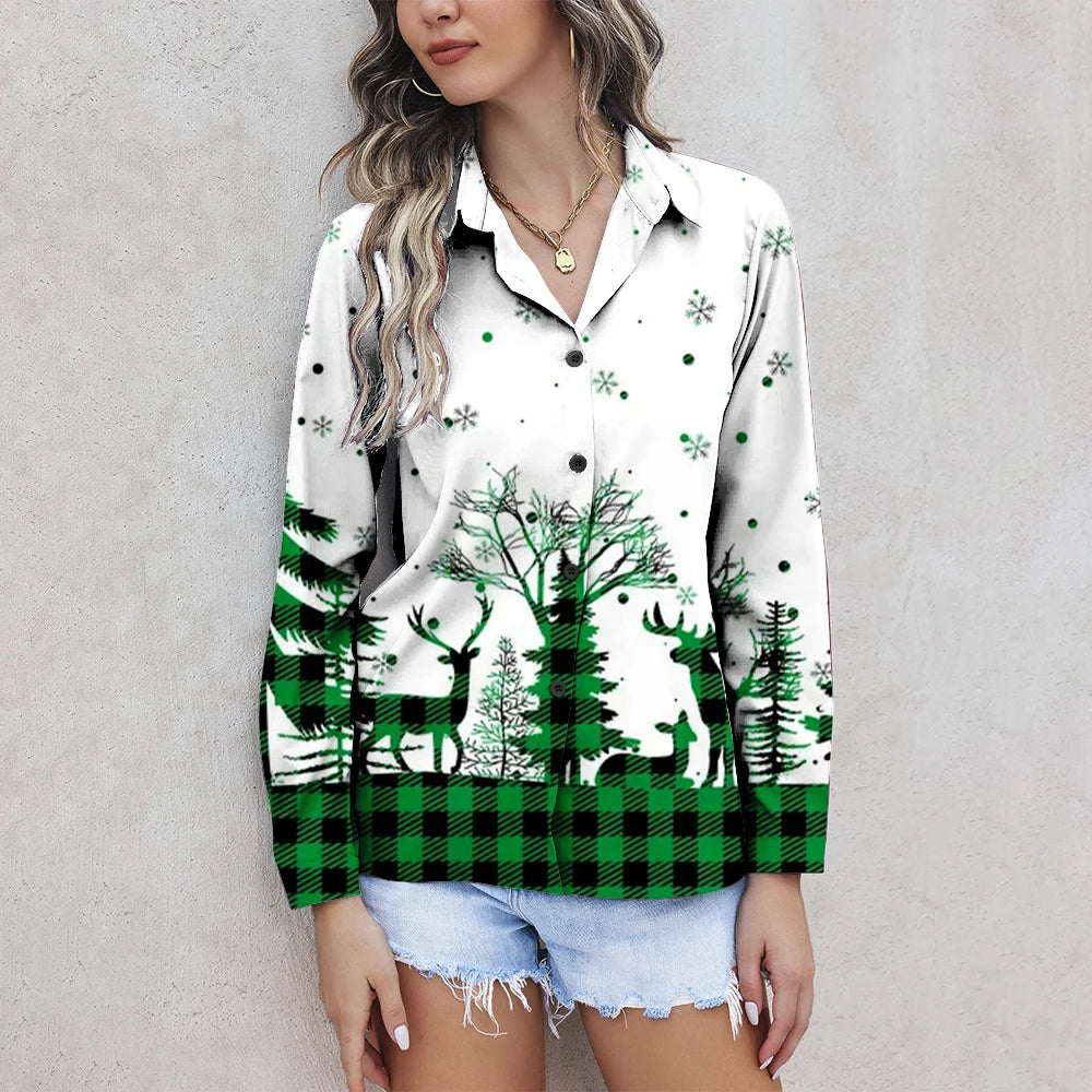 Christmas Tree Print Button-Down Shirt