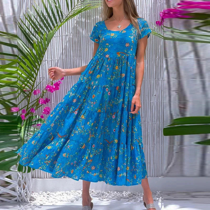 Women Flower Print Dress Boho A-Line Long Dress Women Summer Vintage Maxi Dresses Casual Loose Holiday Party Dress 2023