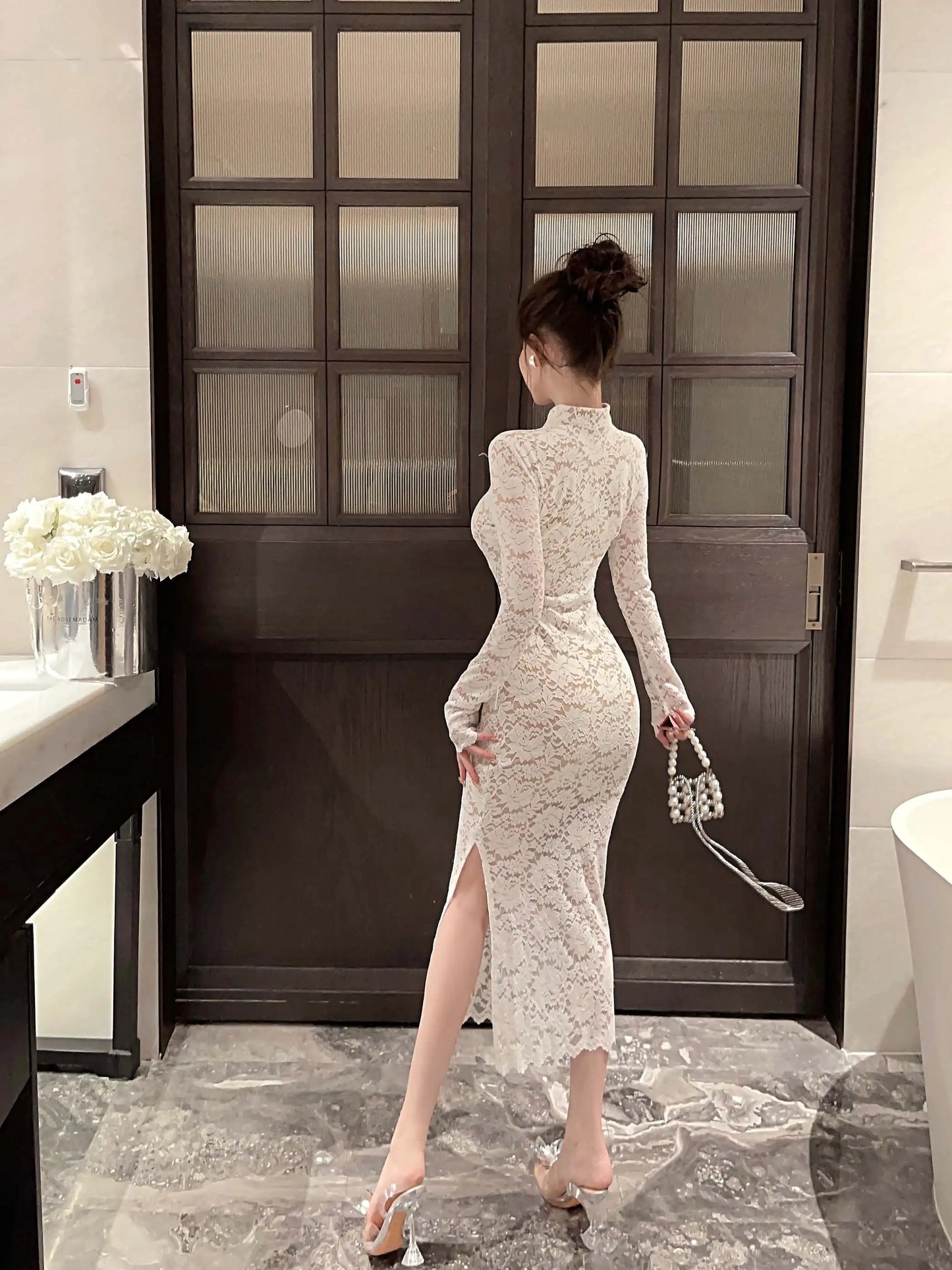 Elegant Long Sleeves Party Dress for Women Sexy Chinese Style Lace Cheongsam Autumn One Piece Slim Party Prom Vestido Mujers New