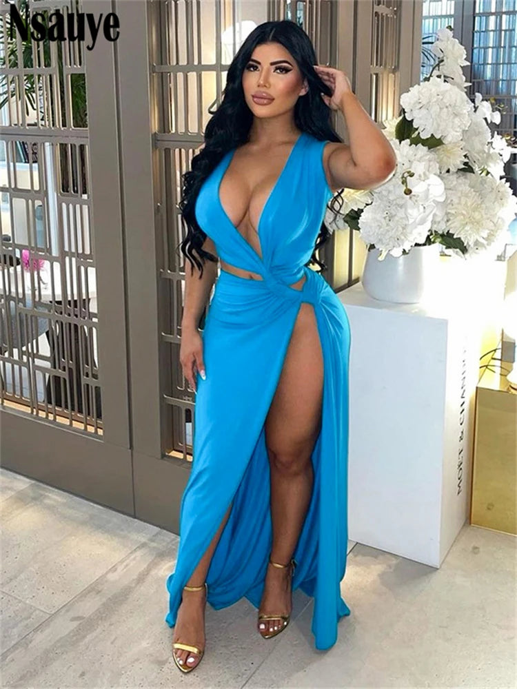 Nsauye Summer Holiday Beach Maxi Sexy Low Cut Out Women Club Dress Evening Party Off Shoulder High Split Elegant Wrap Dress 2024