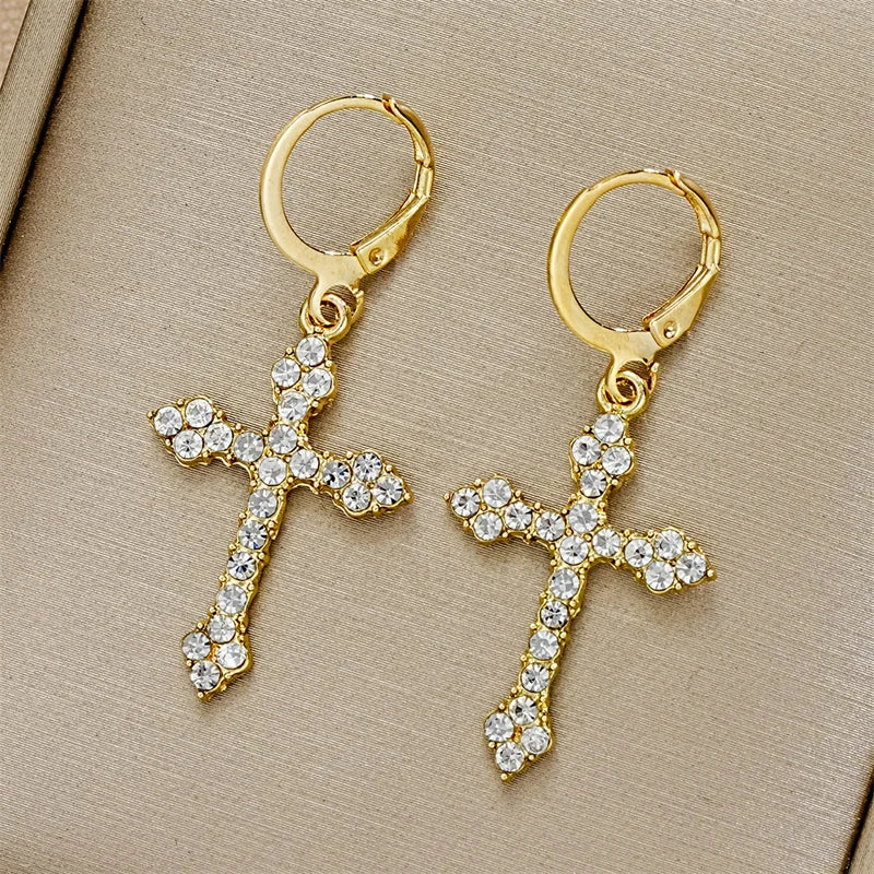 New Rhinestone Zircon Cross Pendant Earrings For Women Korean Fashion Drop Hoop Earrings Birthday Party Jewelry Gifts