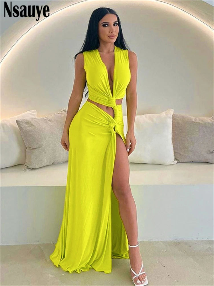 Nsauye Summer Holiday Beach Maxi Sexy Low Cut Out Women Club Dress Evening Party Off Shoulder High Split Elegant Wrap Dress 2024