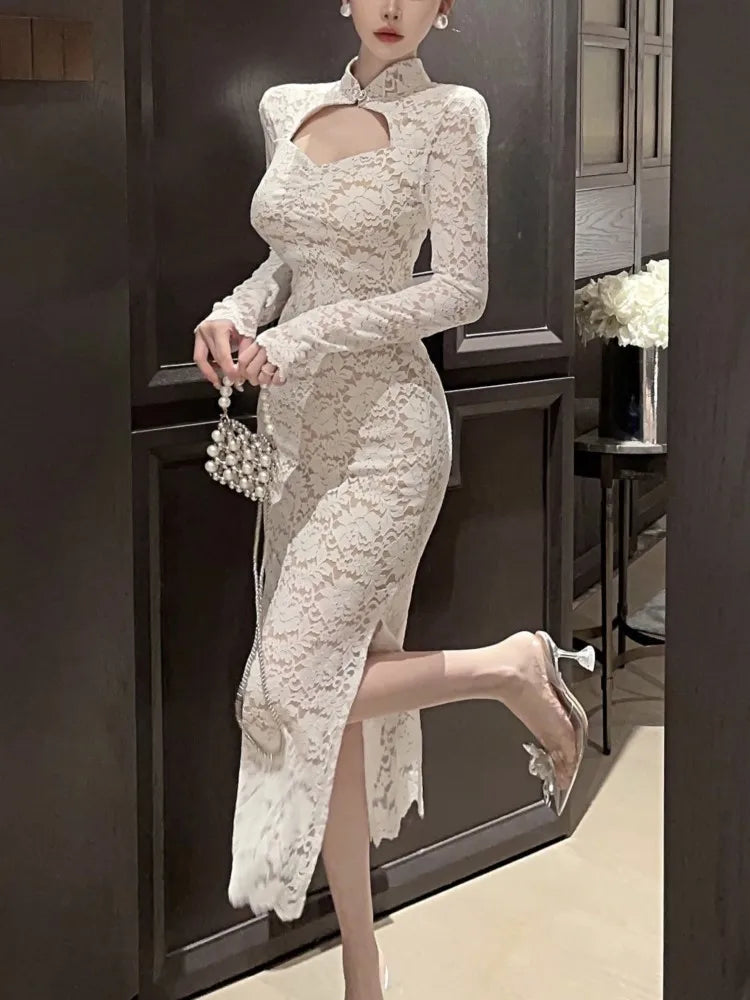 Elegant Long Sleeves Party Dress for Women Sexy Chinese Style Lace Cheongsam Autumn One Piece Slim Party Prom Vestido Mujers New