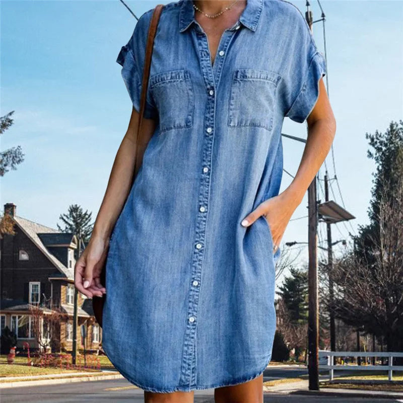 Casual Short Sleeve Distressed Denim Shirt Dress