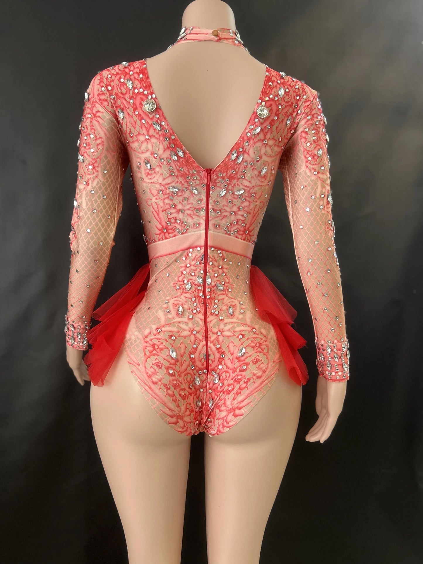 Sparkly Rhinestones Bodysuit Women ElasticPink Mesh Ruffles Crystal Leotard NightclubDancer Costume Stage Wear Party Outfit  7G