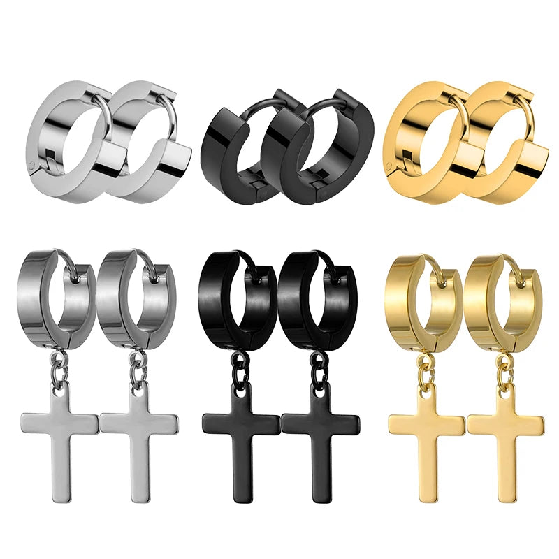 1/6 Pairs Punk Cross Dangle Earrings Women Men Gothic Stainless Steel Cross Ear Stud Earrings Piercing Huggies Pendant Jewelry