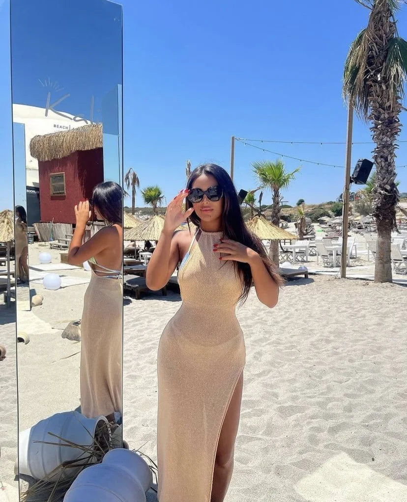 QWEEK 2024 Beach Sexy Knitted Backless See-through Slit Halter Slip Long Dress Holiday Vacation Off Shouder Summer Maxi Dresses