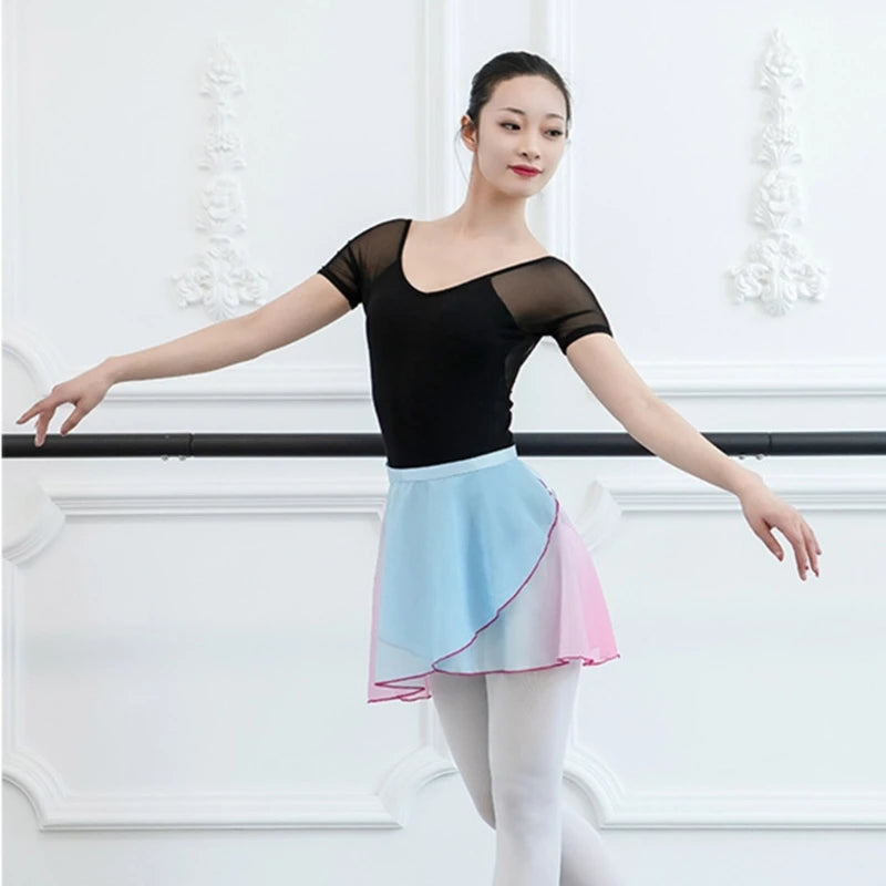 Women Chiffon Wrap Dance Skirt Gradient-Ballet Wrap Skirt Skate Over Scarf Skirt H7EF