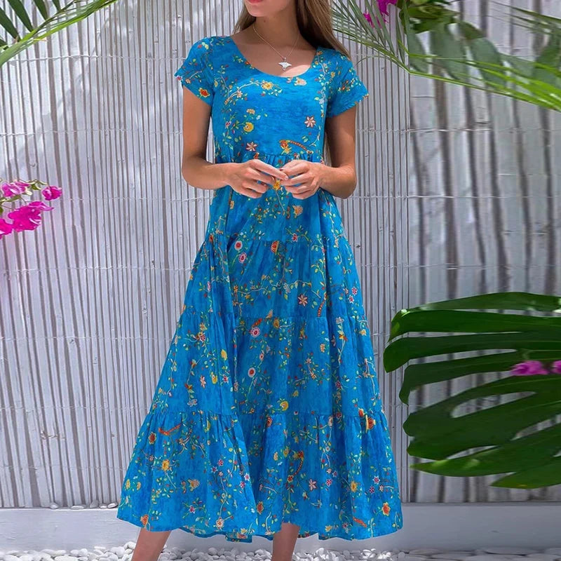 Women Flower Print Dress Boho A-Line Long Dress Women Summer Vintage Maxi Dresses Casual Loose Holiday Party Dress 2023