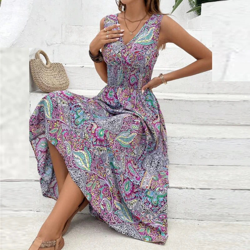 Women Flower Print Dress Boho A-Line Long Dress Women Summer Vintage Maxi Dresses Casual Loose Holiday Party Dress 2023