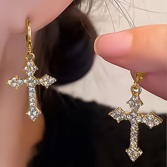 New Rhinestone Zircon Cross Pendant Earrings For Women Korean Fashion Drop Hoop Earrings Birthday Party Jewelry Gifts