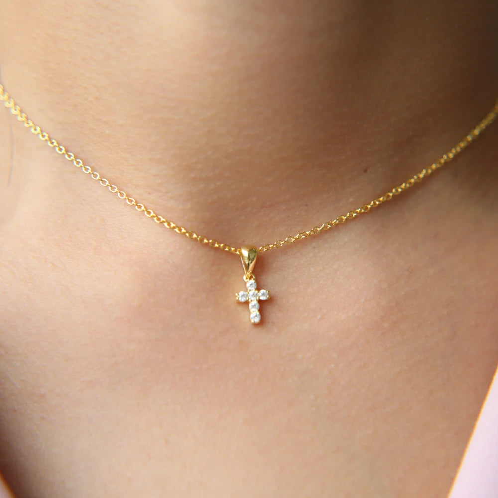 100% 925 Sterling Silver Micro Pave 5A Cz Tiny Cute Cross Pendant Necklaces For Women Girl Delicate Mini Charm Bijoux Jewelry