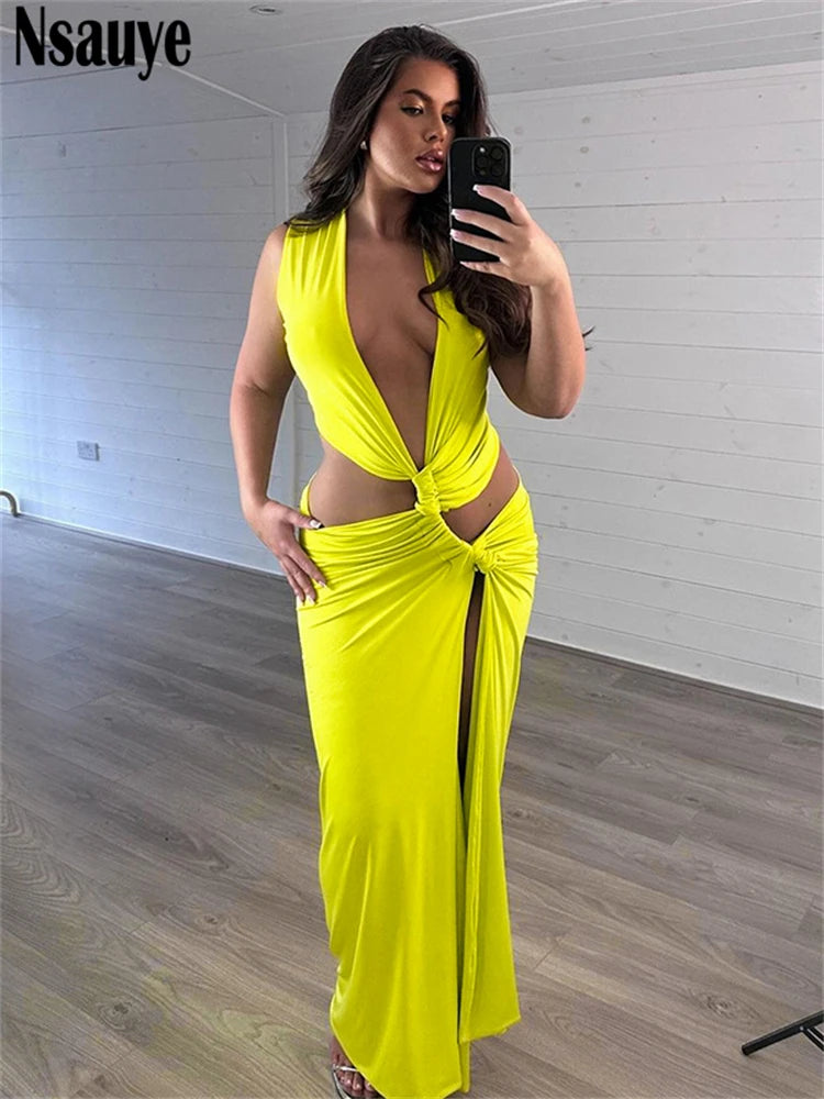 Nsauye Summer Holiday Beach Maxi Sexy Low Cut Out Women Club Dress Evening Party Off Shoulder High Split Elegant Wrap Dress 2024