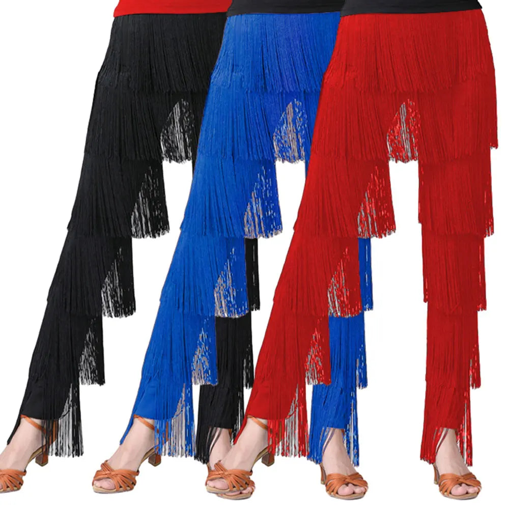 Womens Dancewear Elastic Waistband Tassel Latin Dance Pants Tango Cha-Cha Performance Costume Tiered Fringed Trousers