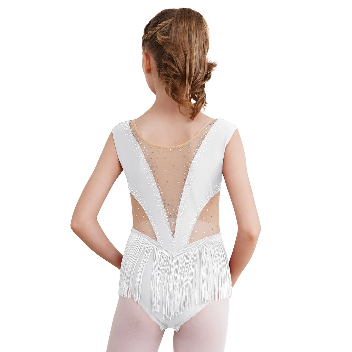 Teen Girls Figure Skating Ballet Gymnastics Leotard Latin Dance Cha-Cha Performance Costume Shiny Rhinestone Tassel Bodysuit