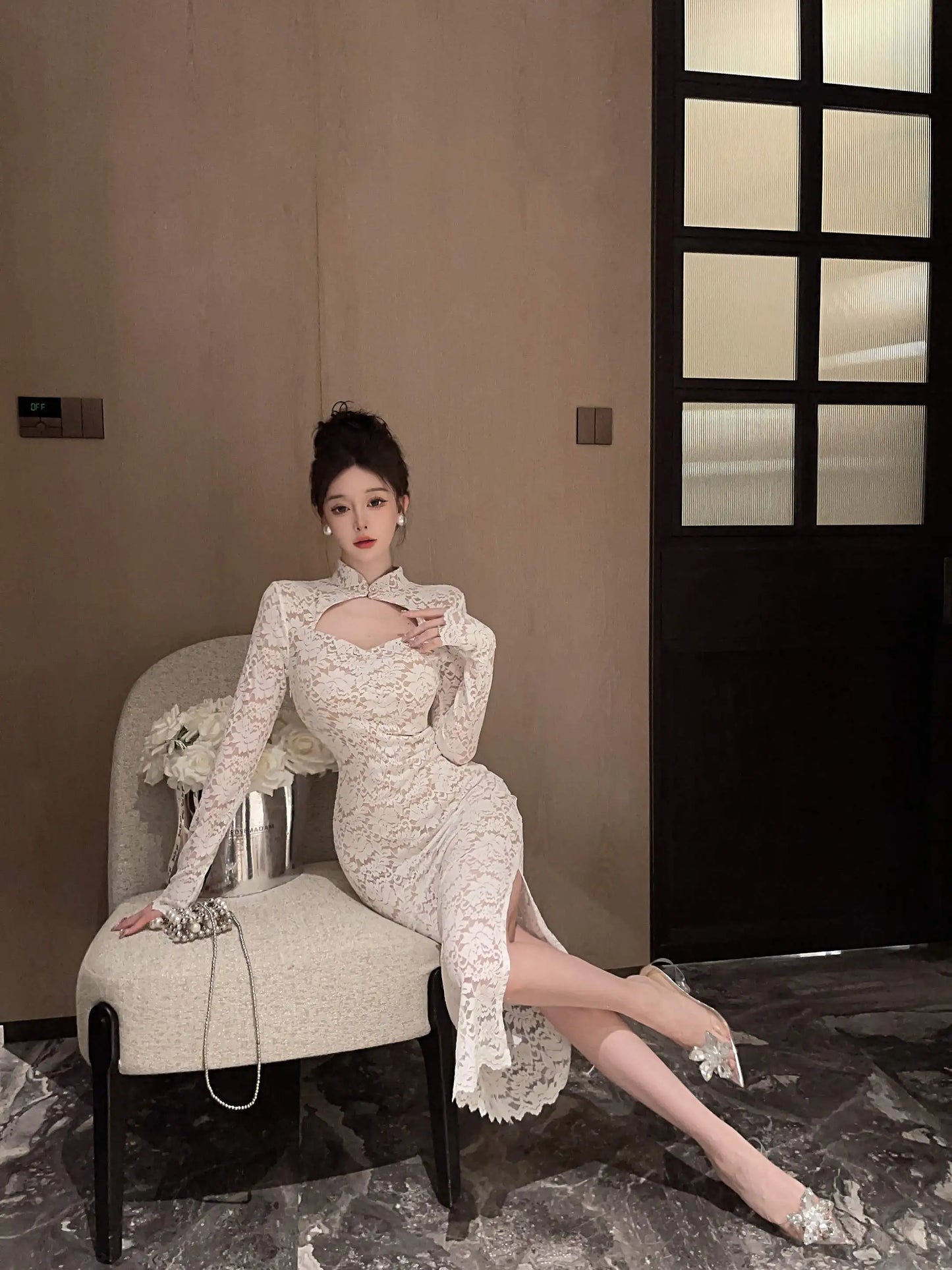 Elegant Long Sleeves Party Dress for Women Sexy Chinese Style Lace Cheongsam Autumn One Piece Slim Party Prom Vestido Mujers New