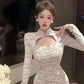 Elegant Long Sleeves Party Dress for Women Sexy Chinese Style Lace Cheongsam Autumn One Piece Slim Party Prom Vestido Mujers New