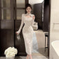 Elegant Long Sleeves Party Dress for Women Sexy Chinese Style Lace Cheongsam Autumn One Piece Slim Party Prom Vestido Mujers New