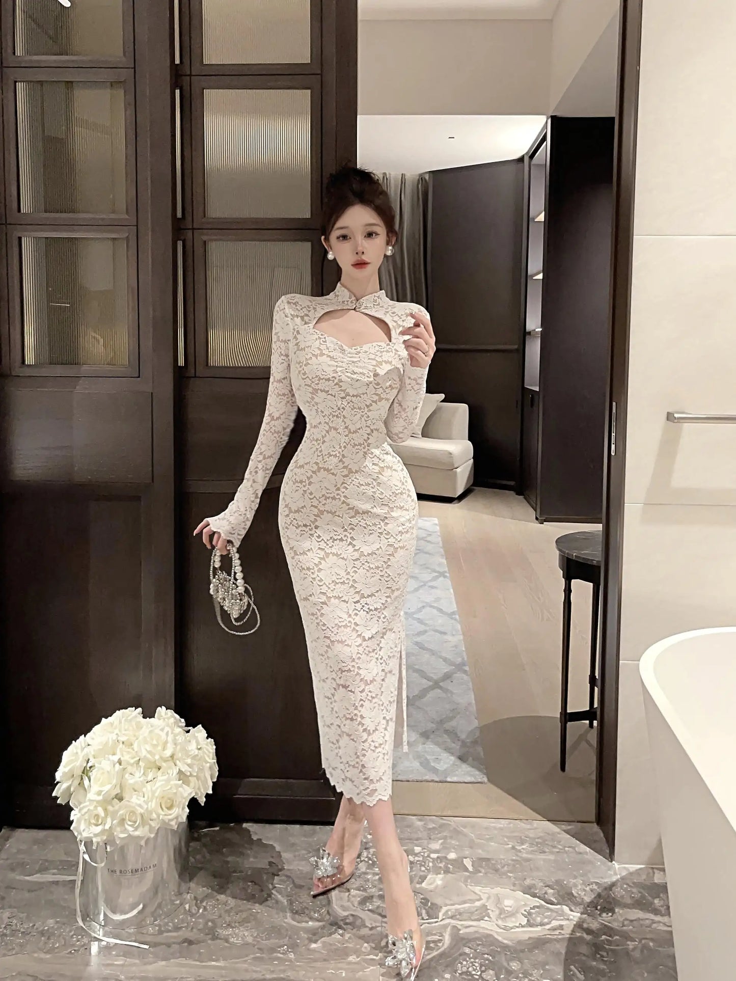 Elegant Long Sleeves Party Dress for Women Sexy Chinese Style Lace Cheongsam Autumn One Piece Slim Party Prom Vestido Mujers New